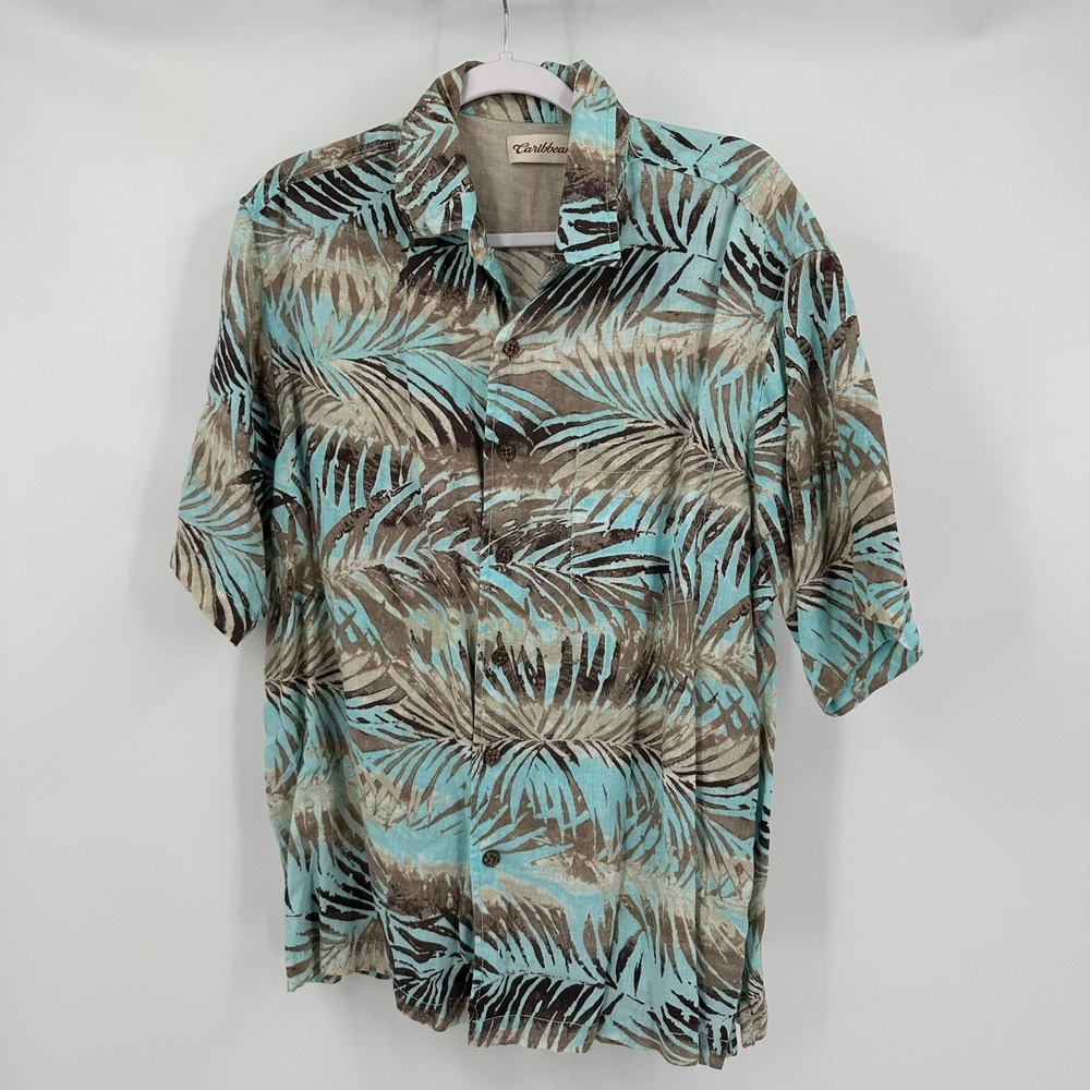 Caribbean Mens Linen Hawaiian Shirt Size L Short Sleeve Tropical Resort‎ Costal